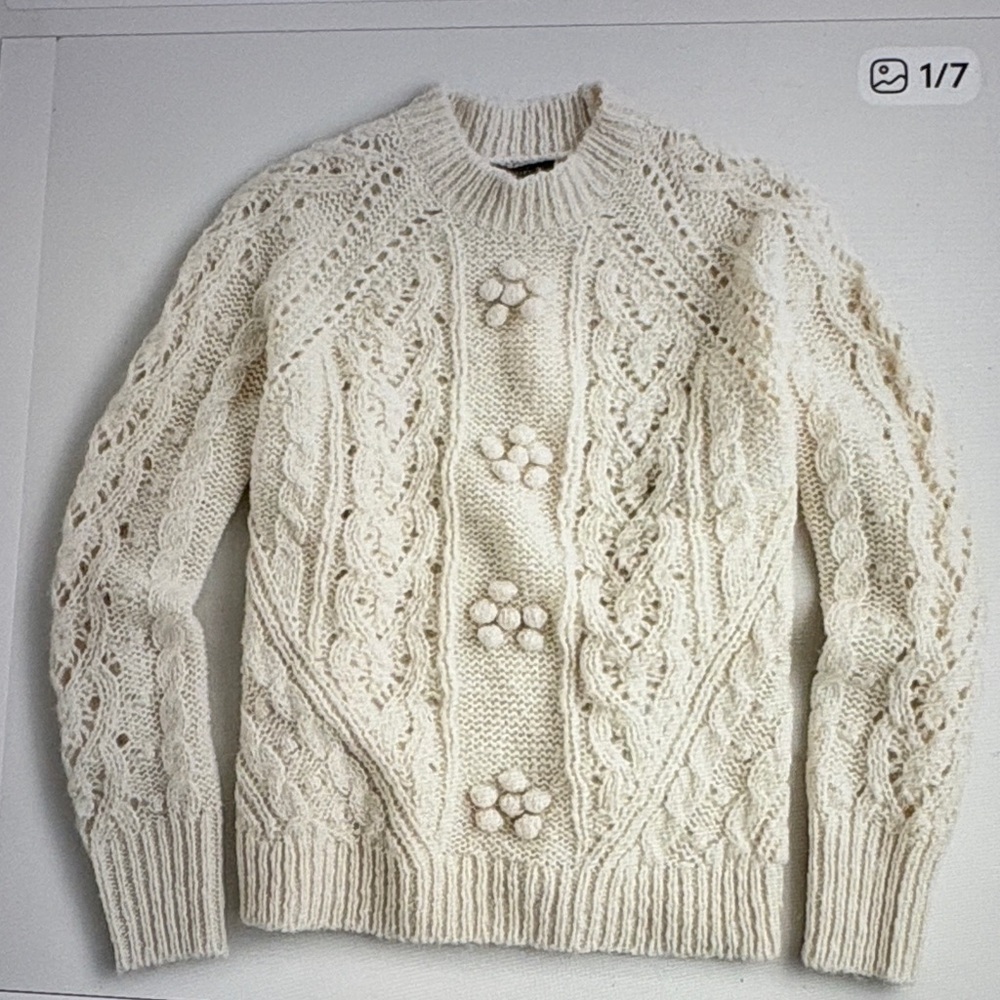 J Crew Alpaca Wool Cable Knit Bobble Cream Crewneck S